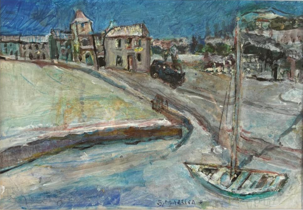 Un port (paysage) — Gouache