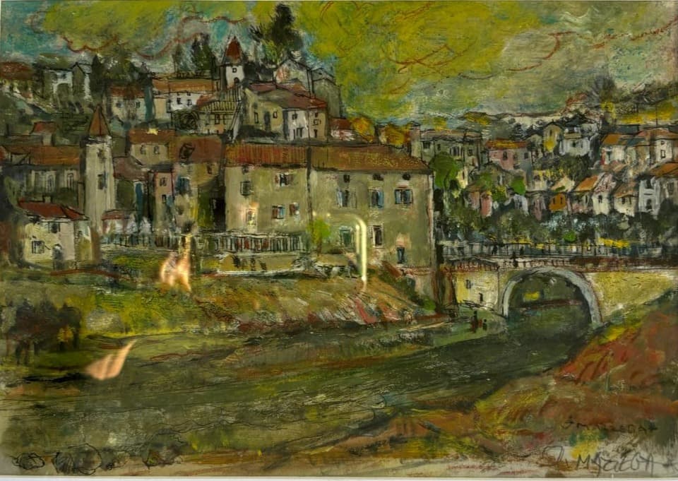 Village (paysage de village) — Gouache